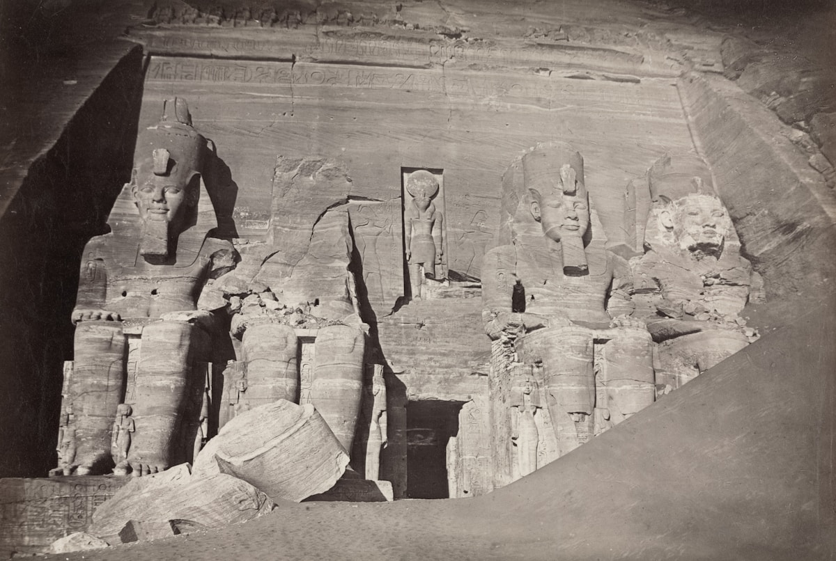 The four colossal seated statues on the facade of the Great Temple of Ramesses II at Abu Simbel