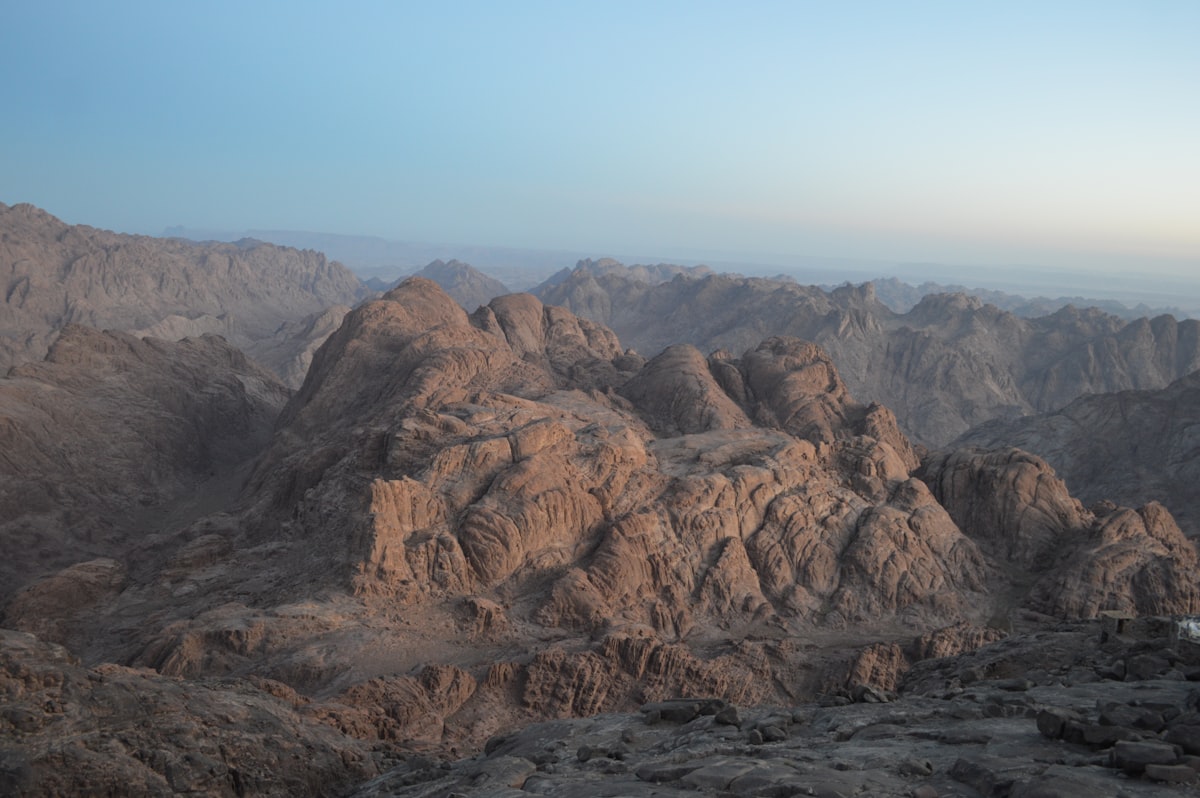 Rocky peaks of the Sinai Peninsula at dawn, viewed from the summit of Mount Sinai