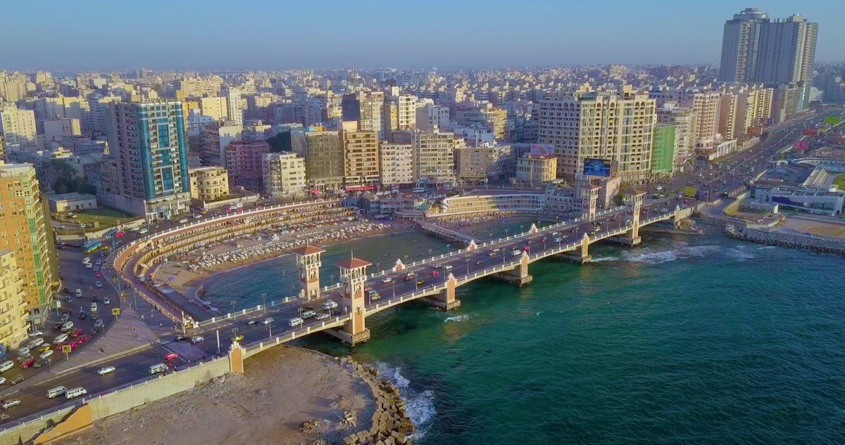 Aerial view of Stanley Bridge and the Alexandria Corniche along the Mediterranean Sea, Egypt