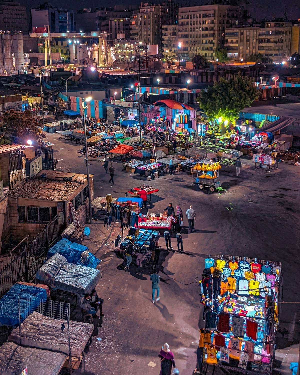Aerial view of a busy night market in Cairo, Egypt