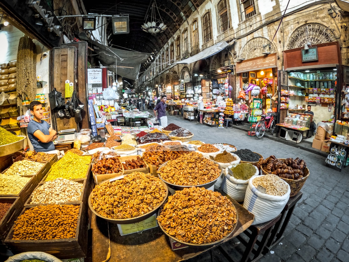 Street food stall and restaurant tables in Cairo, Egypt