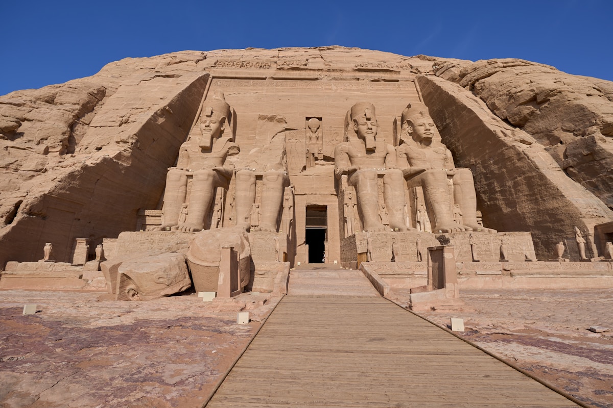 The four colossal statues of Ramesses II on the facade of the Great Temple at Abu Simbel