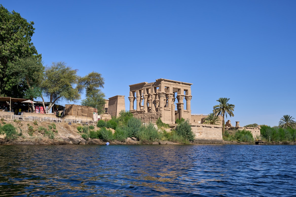 Philae Temple complex viewed from the water, Agilkia Island, Aswan, Egypt