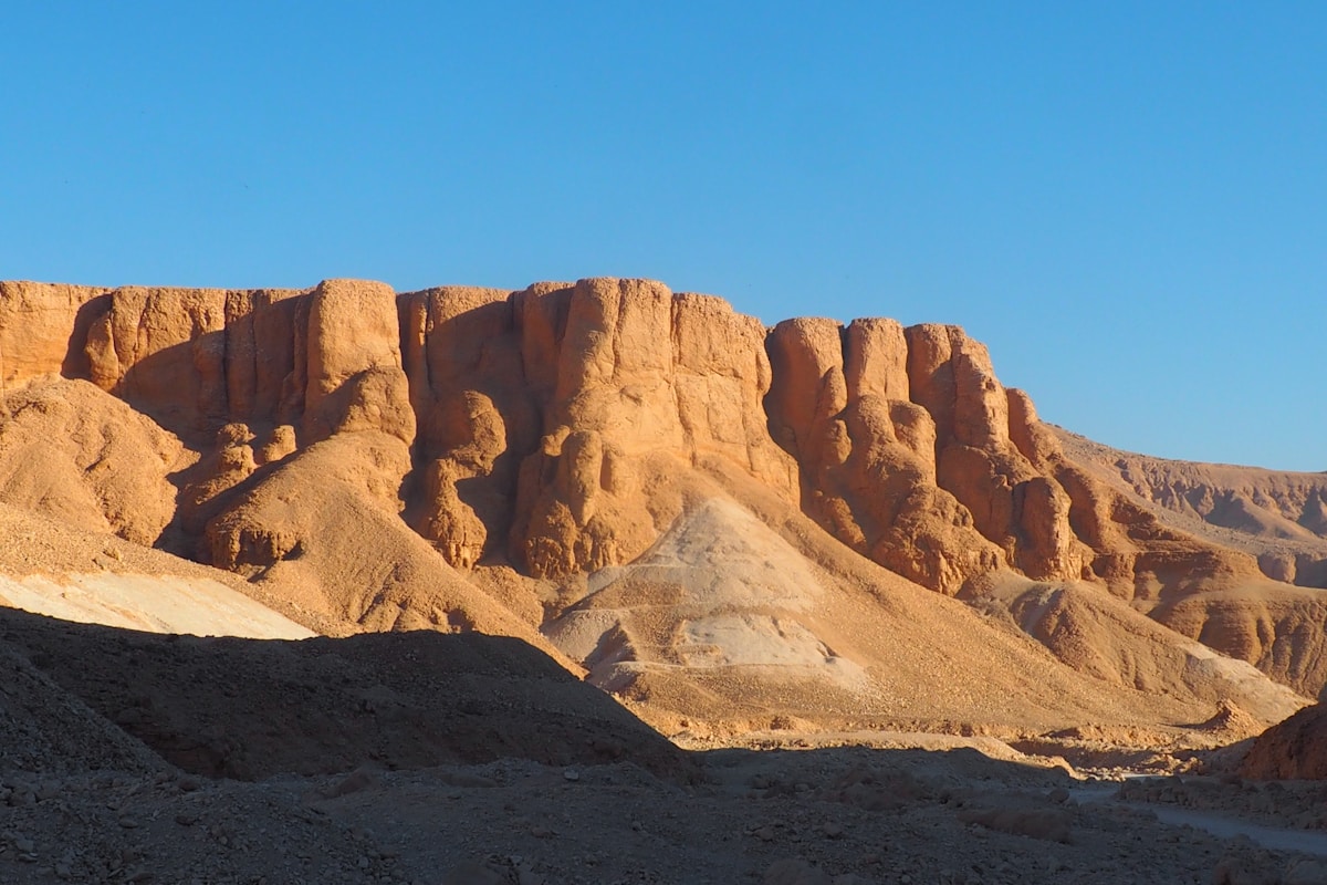 The limestone cliffs of the Valley of the Kings on the West Bank of Luxor, Egypt, at golden hour