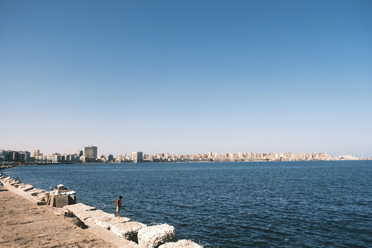 Alexandria city skyline seen across the Mediterranean from the corniche, Egypt