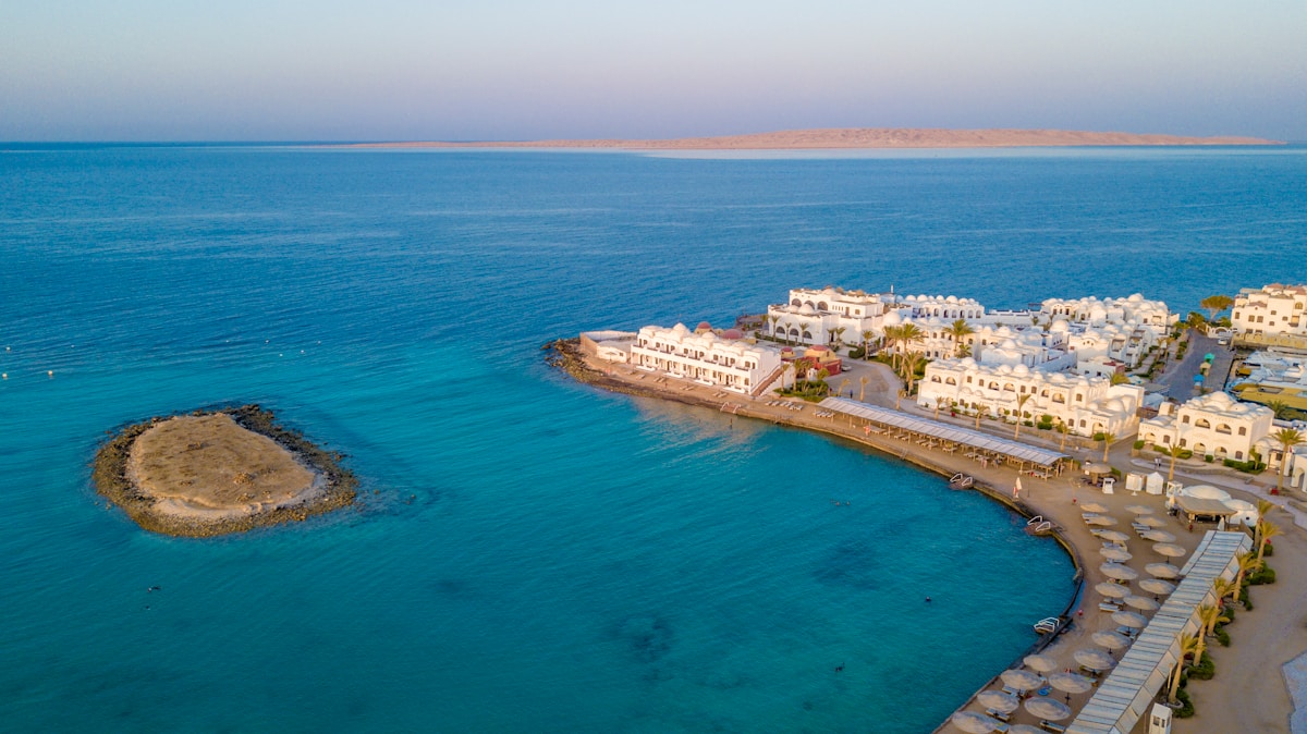 Aerial view of white resort villas on the turquoise Red Sea, Hurghada area, Egypt