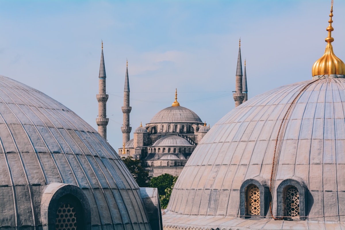 Blue Mosque domes and minarets at sunset, Istanbul, Turkey